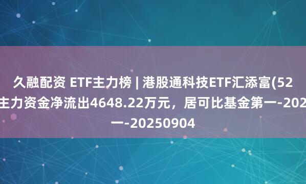 久融配资 ETF主力榜 | 港股通科技ETF汇添富(520980)主力资金净流出4648.22万元，居可比基金第一-20250904