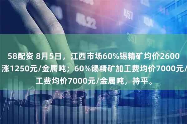 58配资 8月5日，江西市场60%锡精矿均价260000元/金属吨，涨1250元/金属吨；60%锡精矿加工费均价7000元/金属吨，持平。